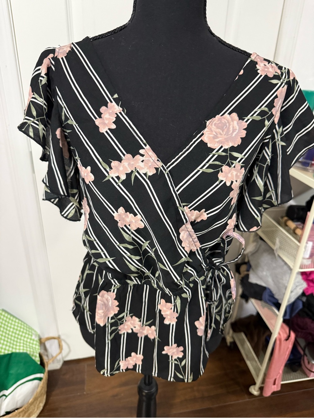 Black Floral Wrap Top with Pink Roses